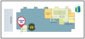 A map displaying that the examination space is on the southeast corner of the building.
